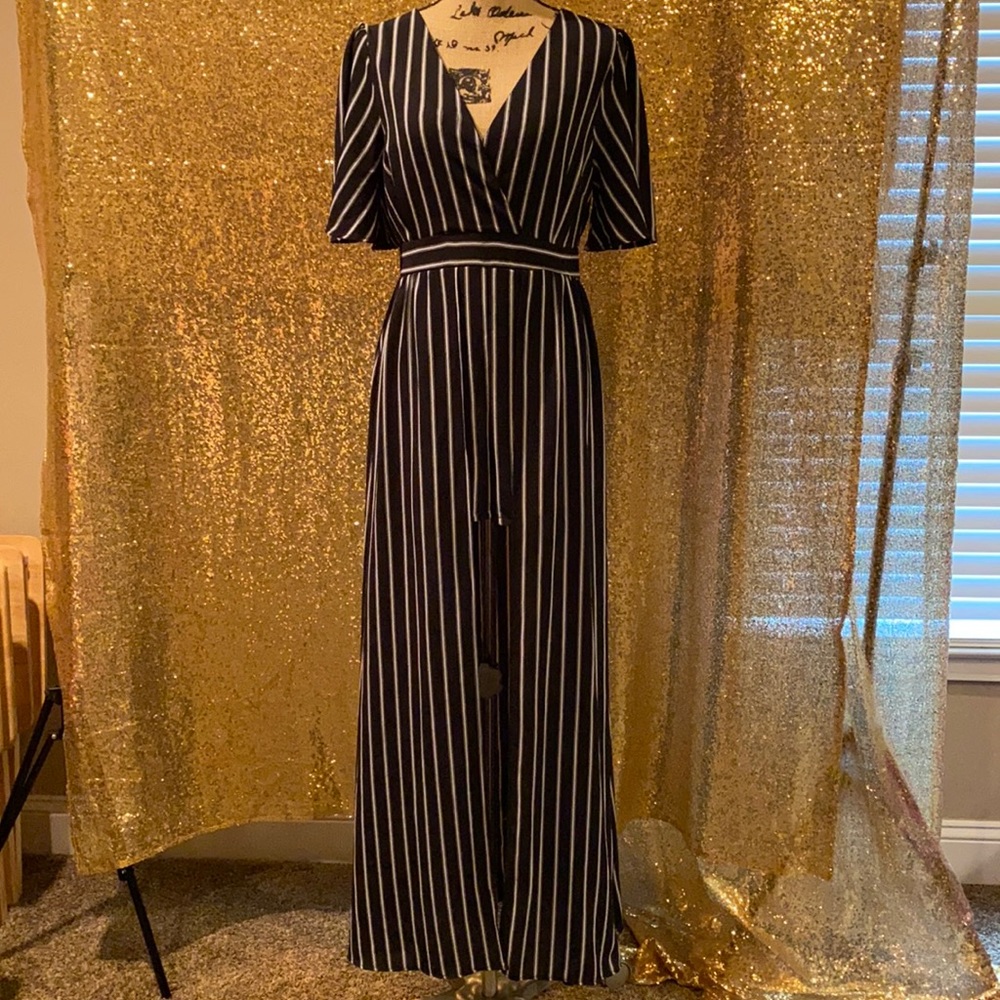 Black with white pinstripes.
